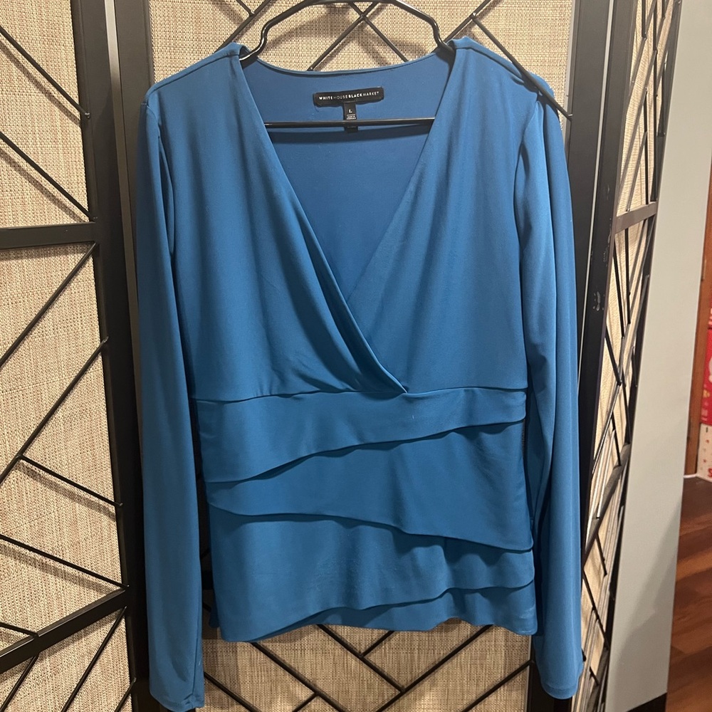 White House Black Market Teal V-Neck Slimming Blouse - L